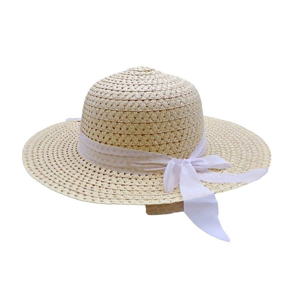 Tan Wide Floppy Brim Beach Garden Paper Straw Hat White Removable Bow Womens OSF - Picture 1 of 8